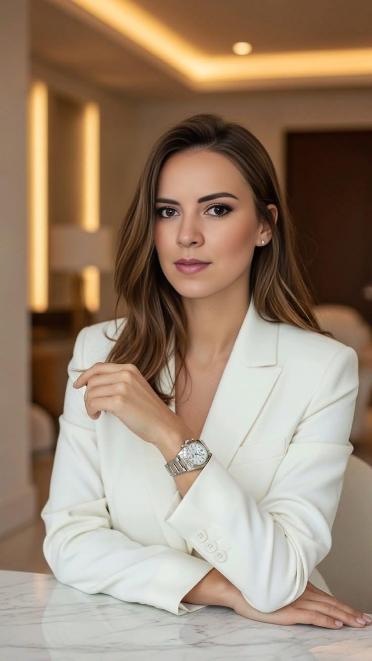 Clara Vela con blazer marfil en un espacio cálido